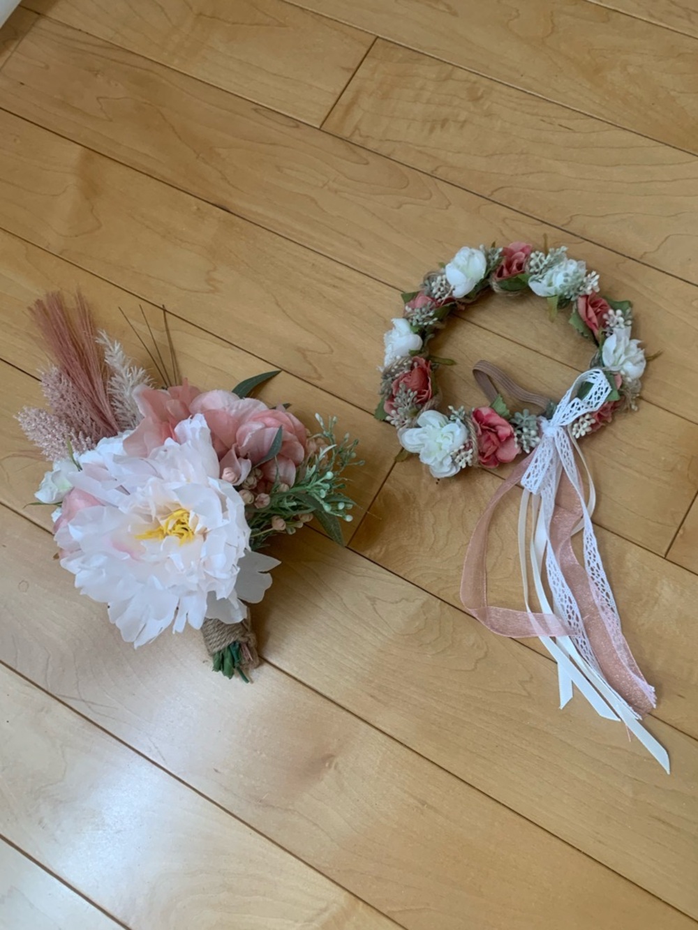 Coral/Blush and White Floral Bouquet with Matching Flower Girl’s  Crown